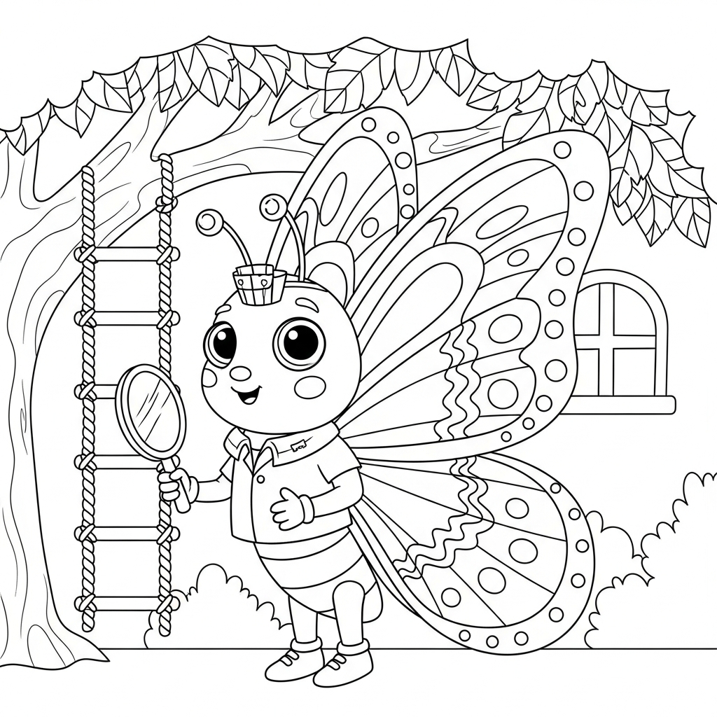 Desenho de borboleta para colorir vestida de dentista com espelhinho na casa na árvore