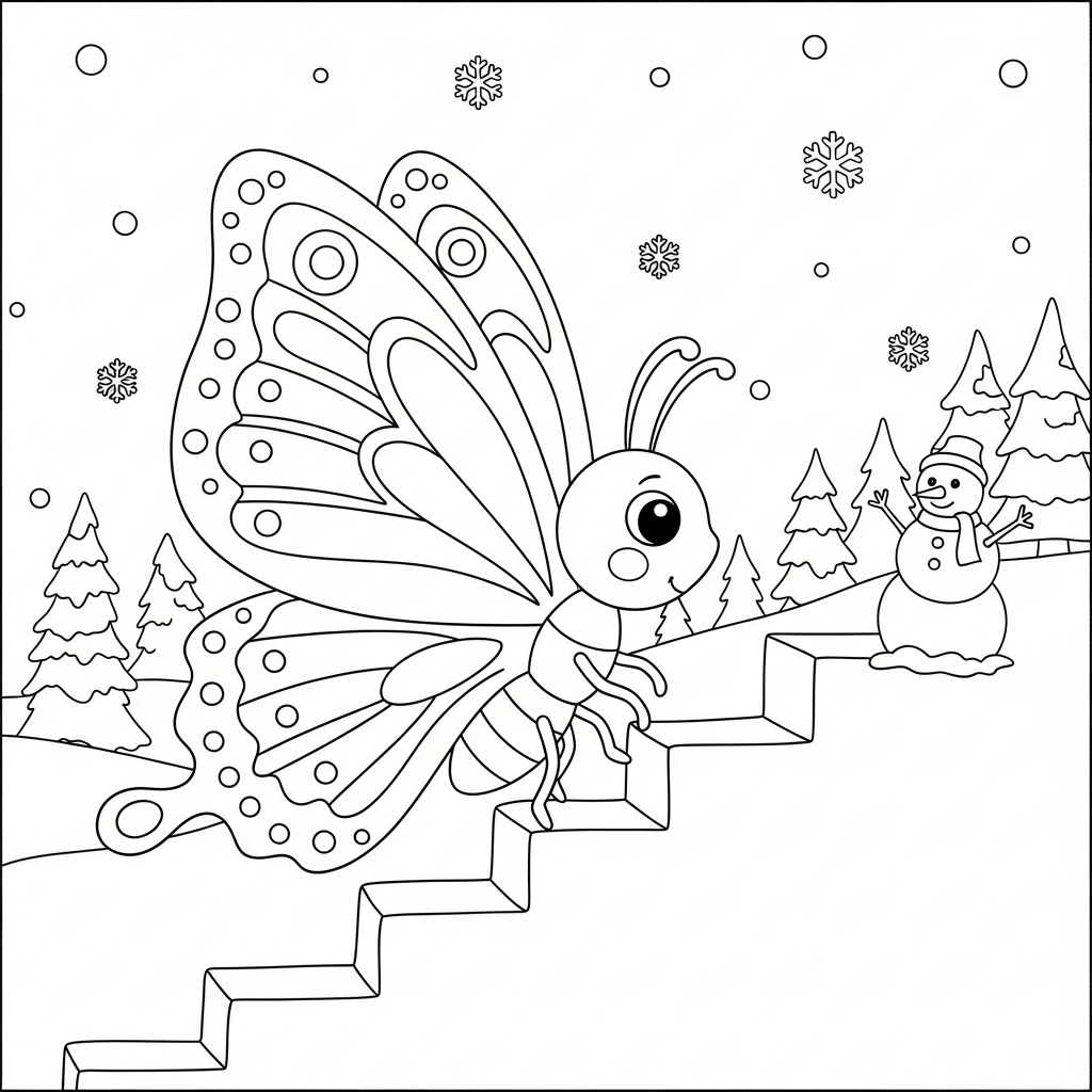 Desenho de borboleta para colorir subindo escadas entre pinheiros na paisagem nevada.