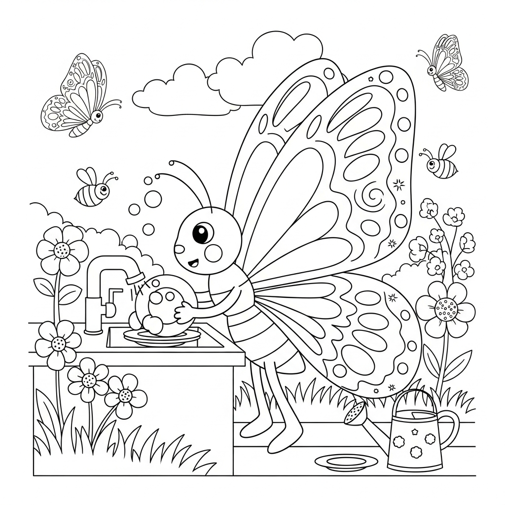 Desenho de borboleta para colorir lavando a louça na pia do jardim.