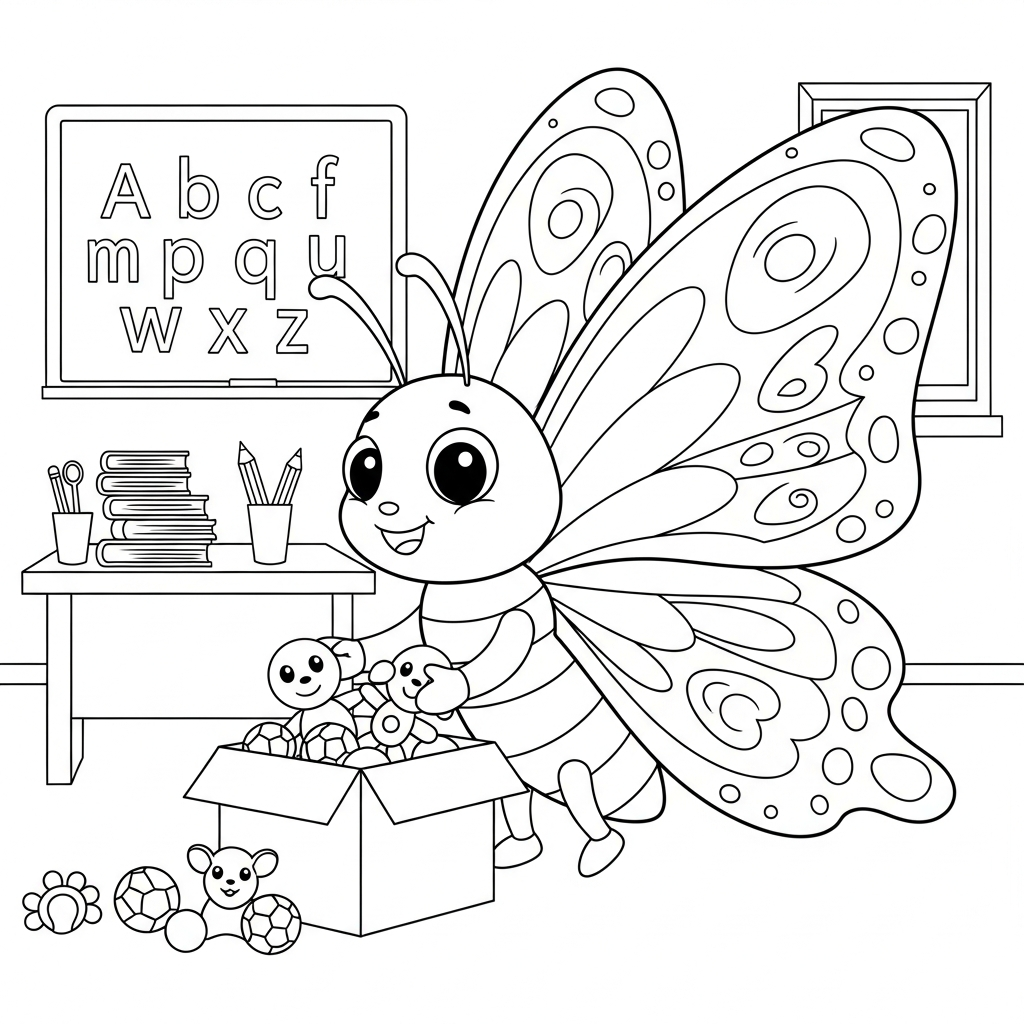 Desenho de borboleta para colorir guardando brinquedos em caixa na sala de aula com lousa