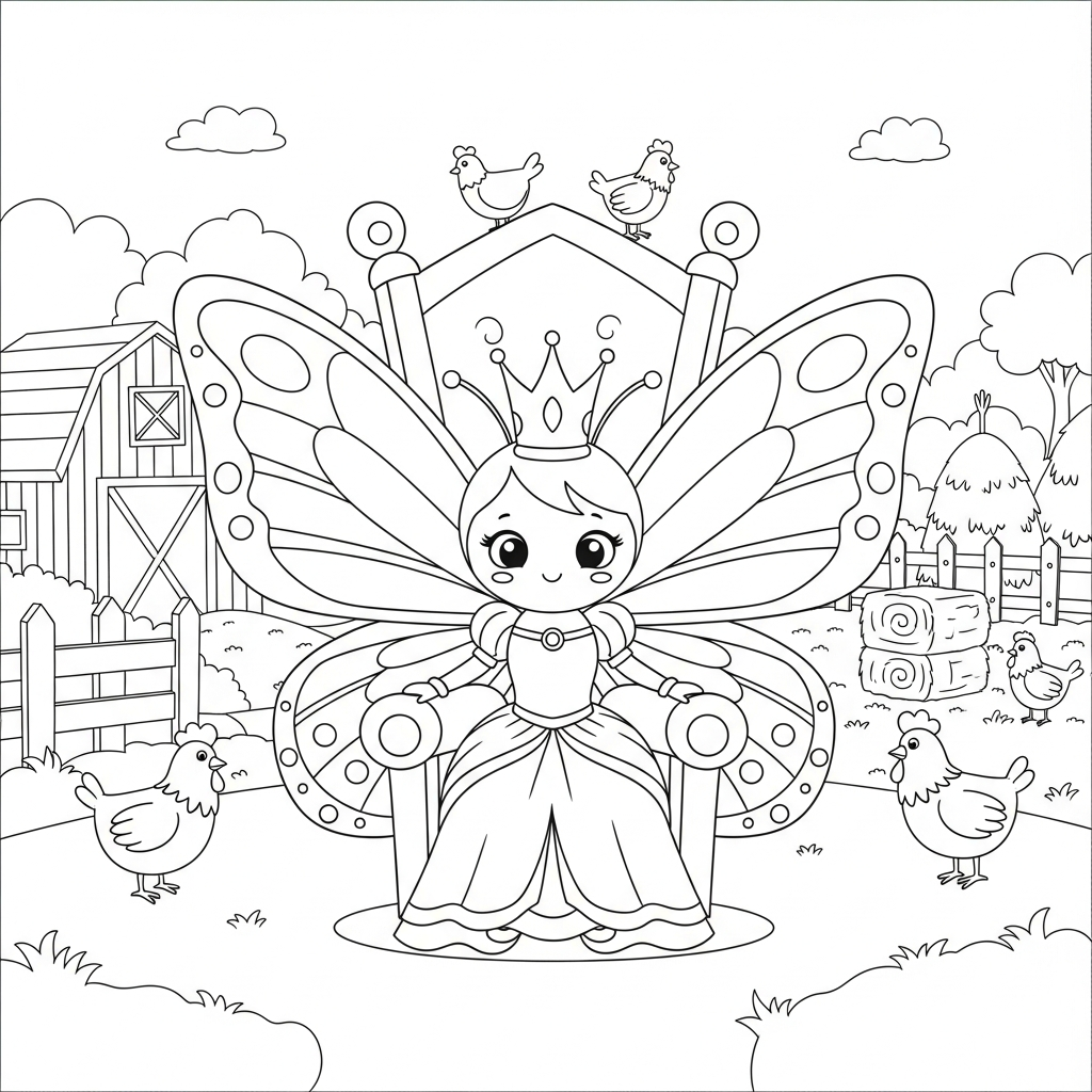 Desenho de borboleta para colorir vestida de rainha no trono da fazenda com celeiro.