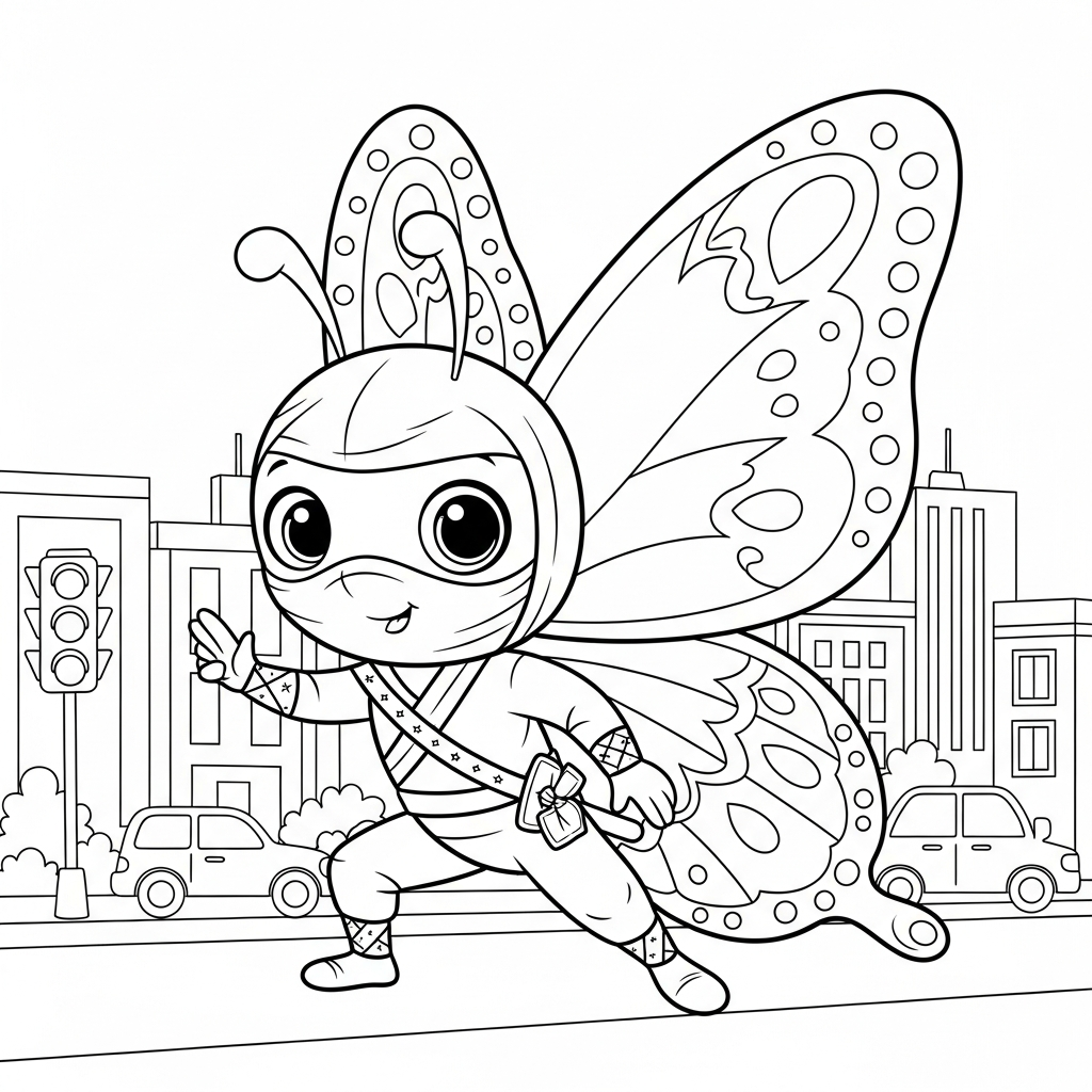 Desenho de borboleta para colorir vestida de ninja em pose furtiva na rua