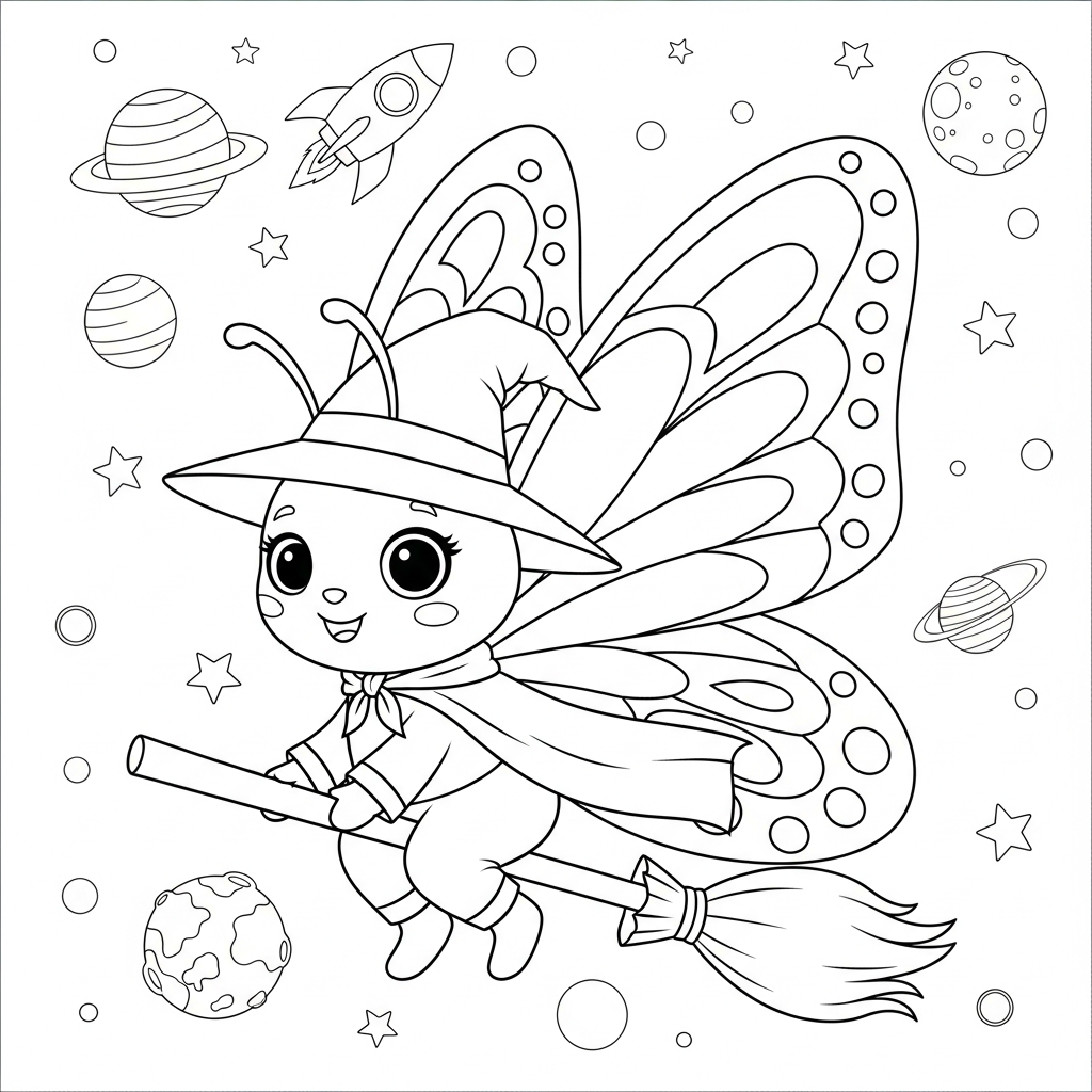 Desenho de borboleta para colorir vestida de bruxinha em vassoura no espaço.