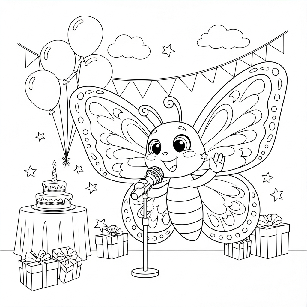 Desenho de borboleta para colorir cantando em microfone no palco de aniversário.