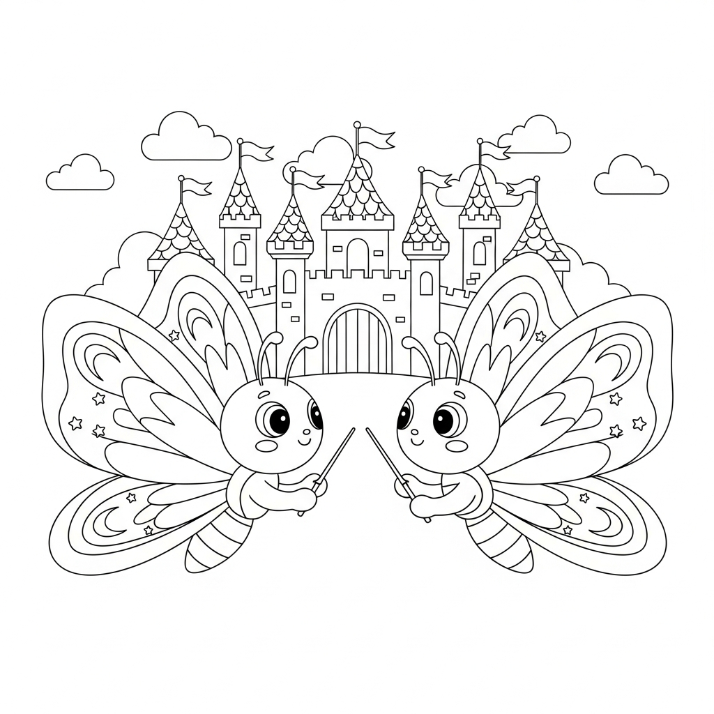 Desenho de borboleta para colorir regendo orquestra com batuta em castelo encantado.