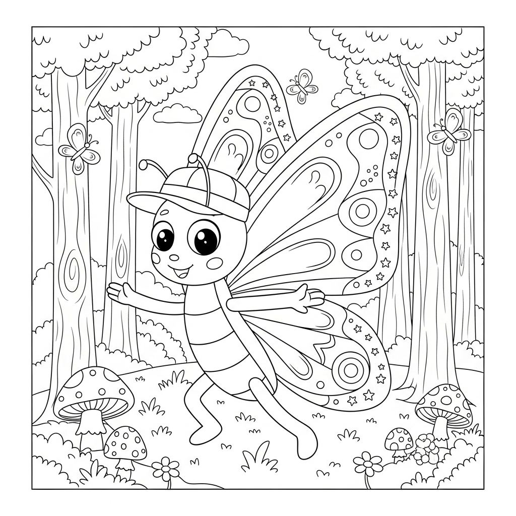 Desenho de borboleta para colorir dançando hip-hop com chapéu na floresta com cogumelos