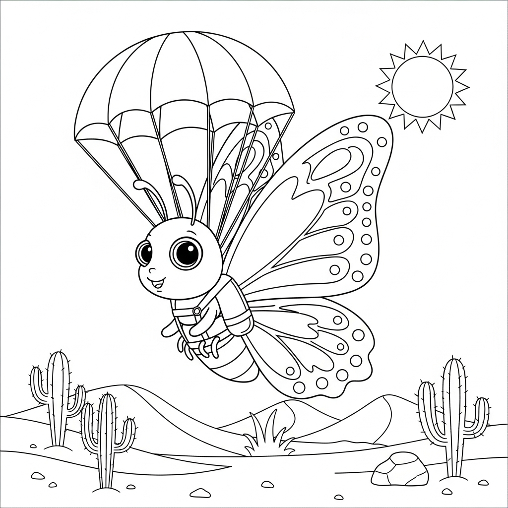 Desenho de borboleta para colorir descendo em paraquedas sobre deserto com cactos