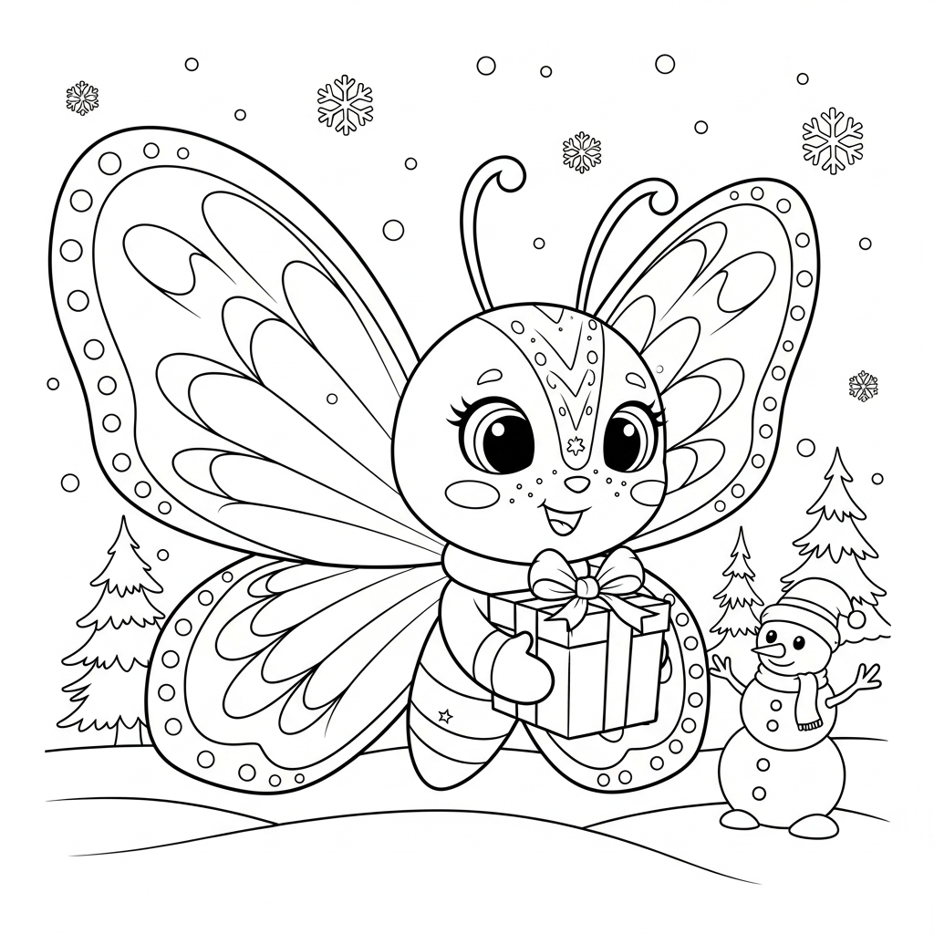 Desenho de borboleta para colorir entregando presente de natal em paisagem nevada com pinheiros