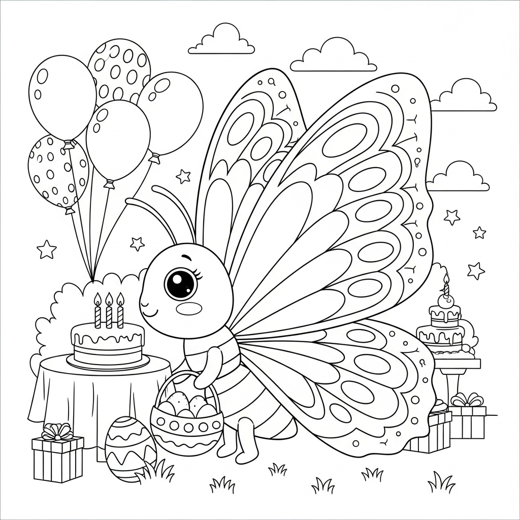 Desenho de borboleta para colorir caçando ovos de páscoa no jardim em aniversário.