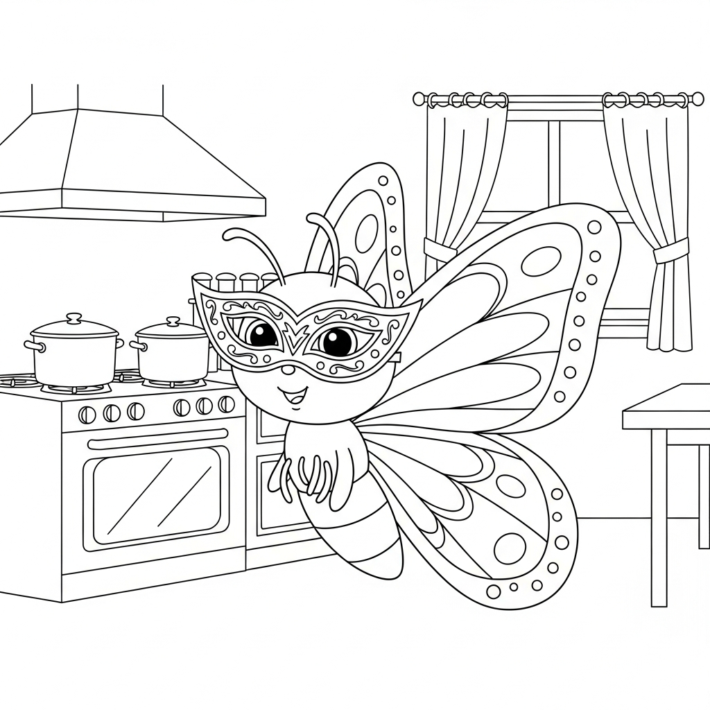 Desenho de borboleta para colorir usando máscara de carnaval na cozinha com forno e panelas