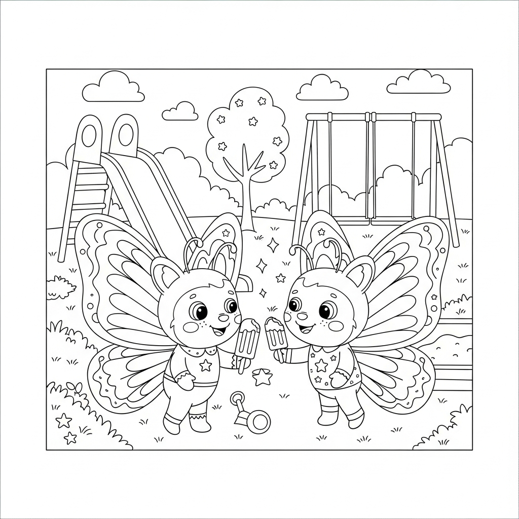 Desenho de borboleta para colorir segurando picolé no playground com escorregador.