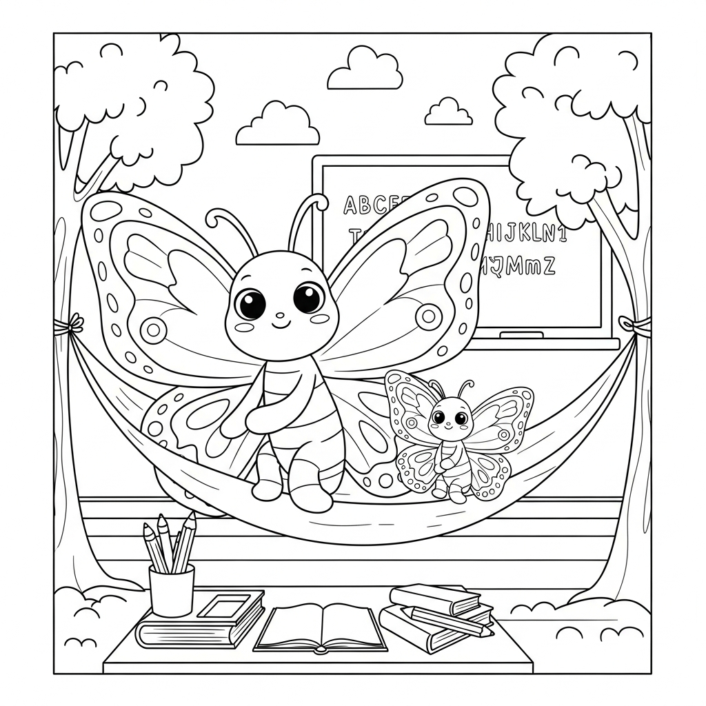 Desenho de borboleta para colorir descansando em rede entre árvores na sala de aula.