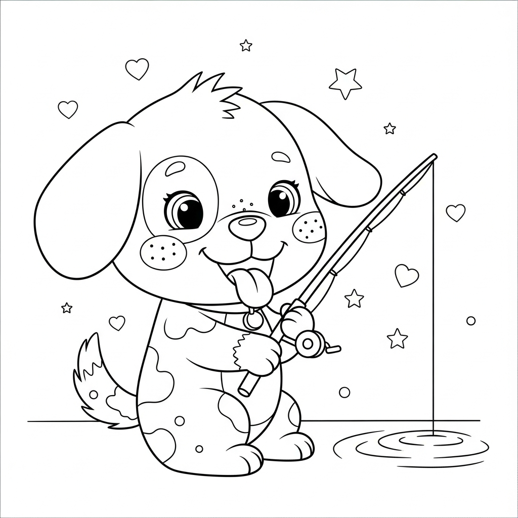 Desenho de cachorro para colorir pescando com vara entre estrelinhas e corações decorativos.