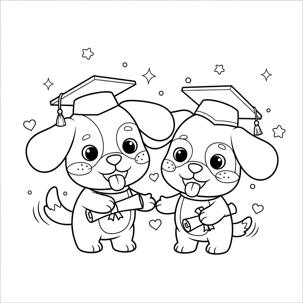 Desenho de cachorro para colorir usando capelo de formatura com estrelinhas e corações.