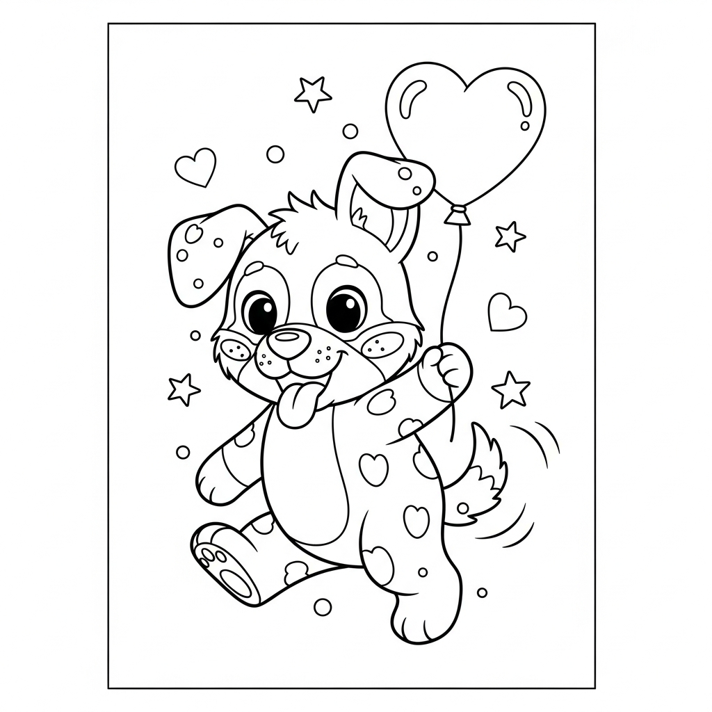 Desenho de cachorro para colorir segurando balão de coração com estrelinhas decorativas.