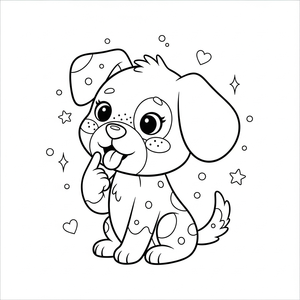 Desenho de cachorro para colorir pensativo com dedo no queixo, estrelinhas e corações.