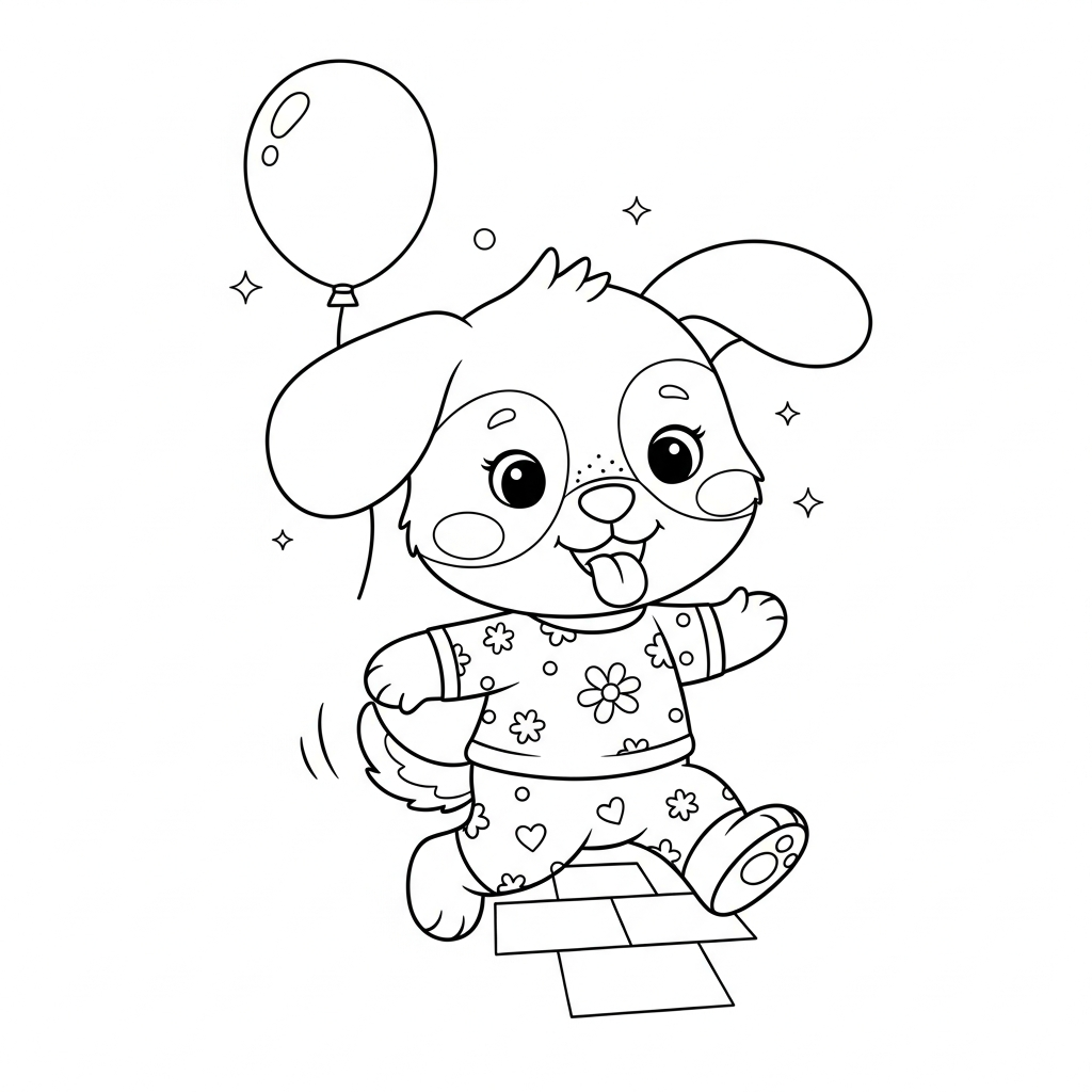 Desenho de cachorro para colorir jogando amarelinha e pulando casinhas com pedrinha.