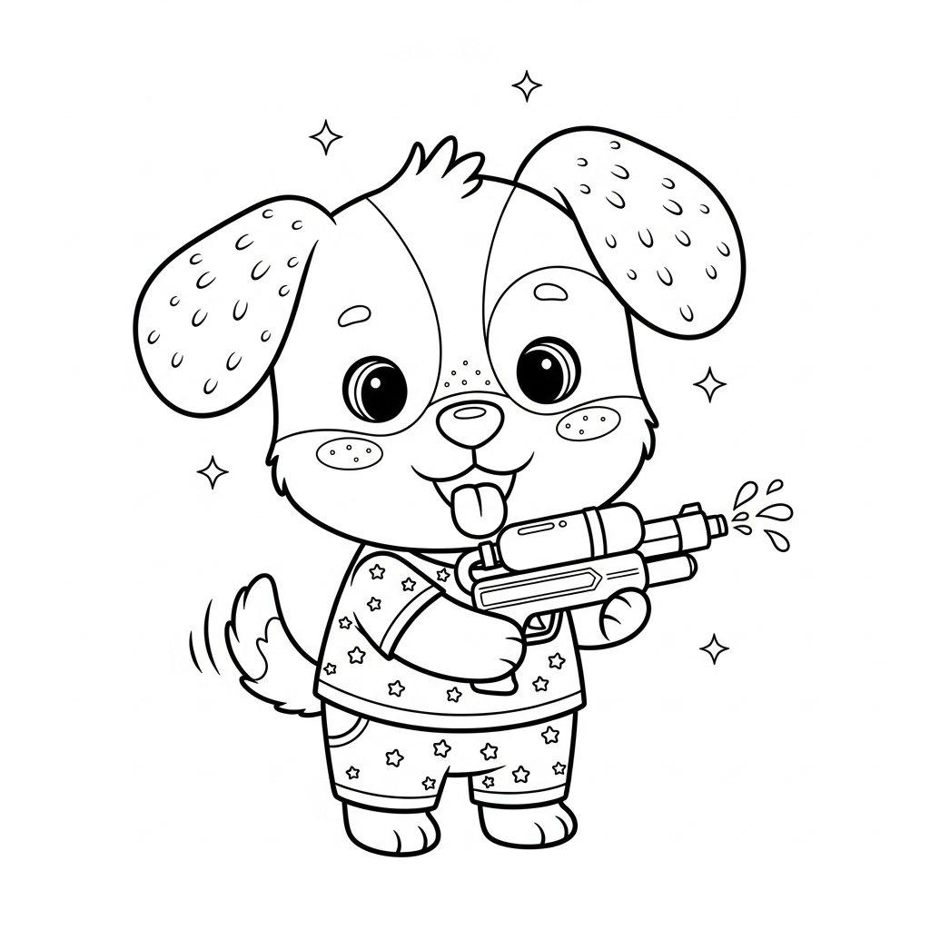 Desenho de cachorro para colorir brincando com uma pistola de água