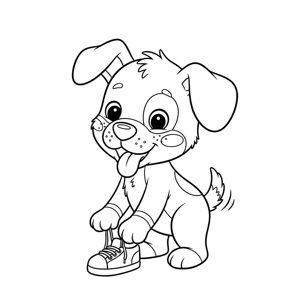 Desenho de cachorro para colorir amarrando os cadarços com expressão concentrada