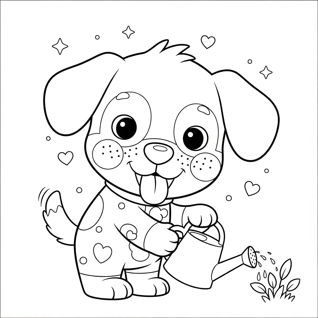 Desenho de cachorro para colorir regando plantas com estrelinhas e corações decorativos.