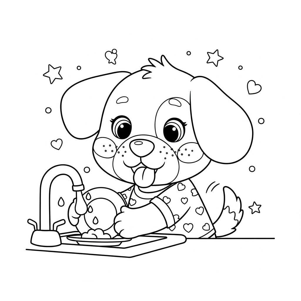 Desenho de cachorro para colorir lavando a louça na pia com estrelinhas e corações