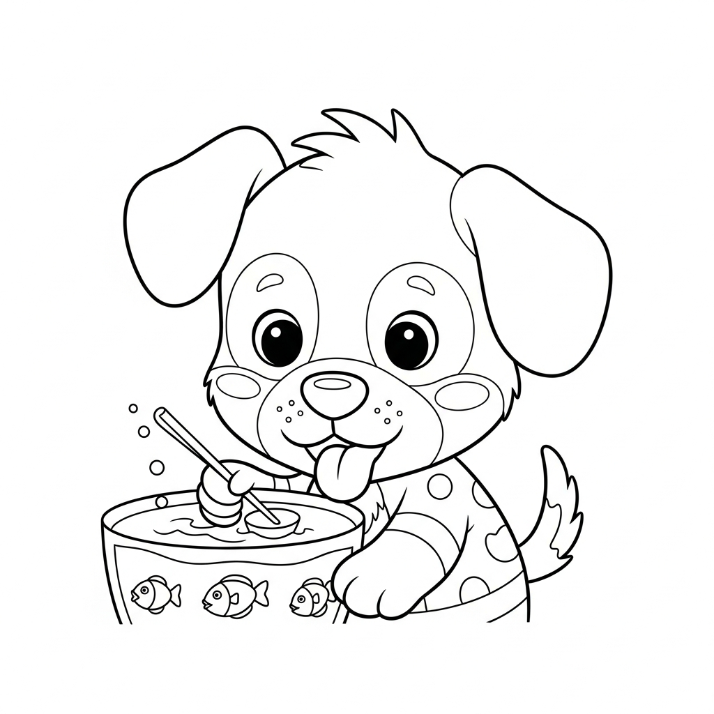 Desenho de cachorro para colorir alimentando peixinhos no aquário