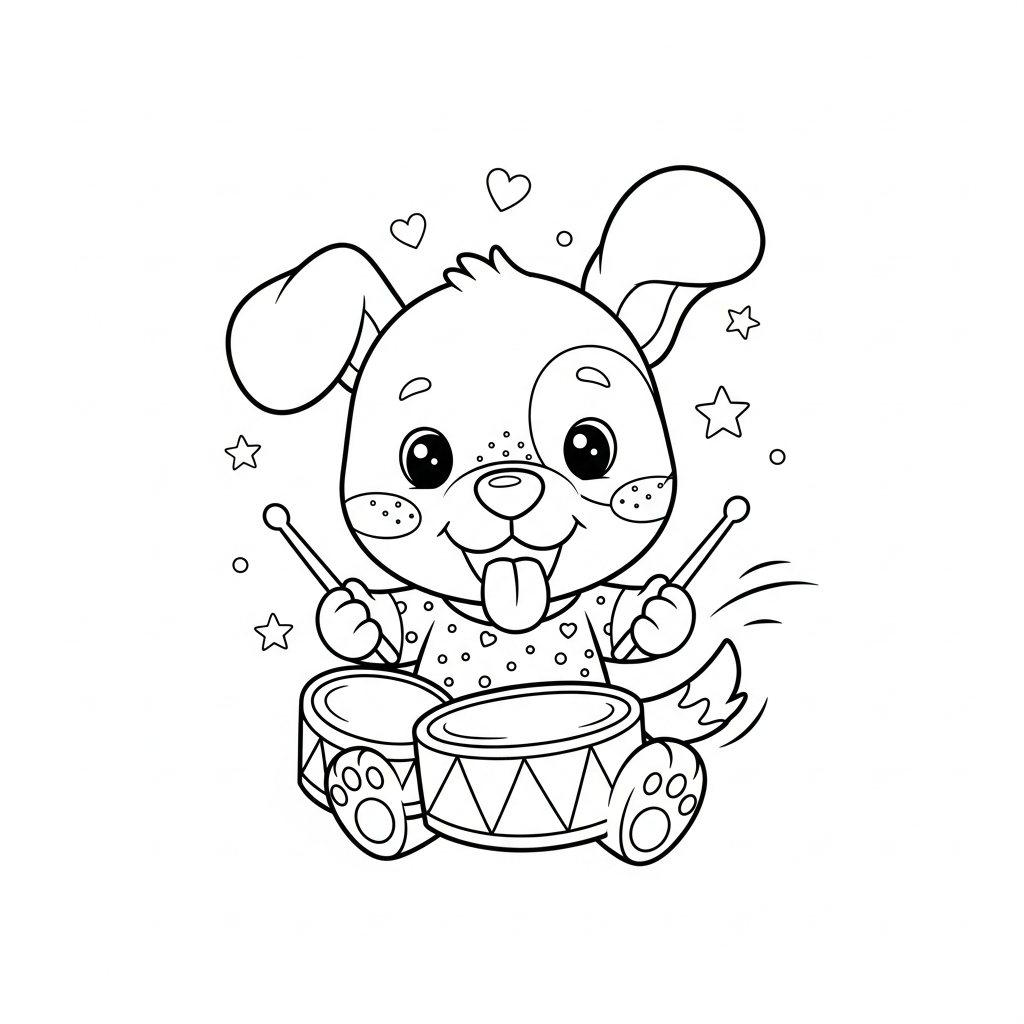 Desenho de cachorro para colorir tocando bateria com baquetas, entre estrelinhas e corações.