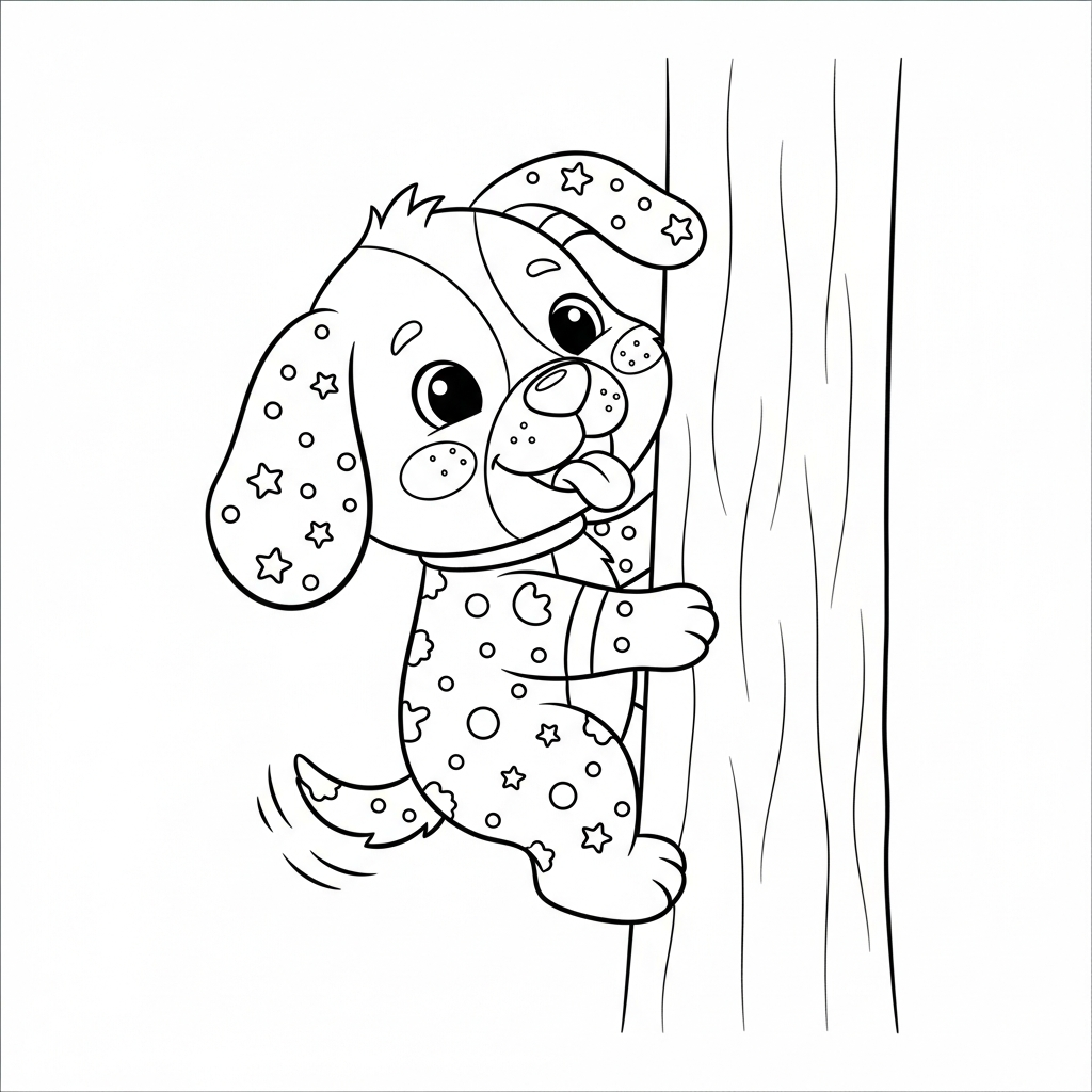 Desenho de cachorro para colorir subindo em uma árvore alta.