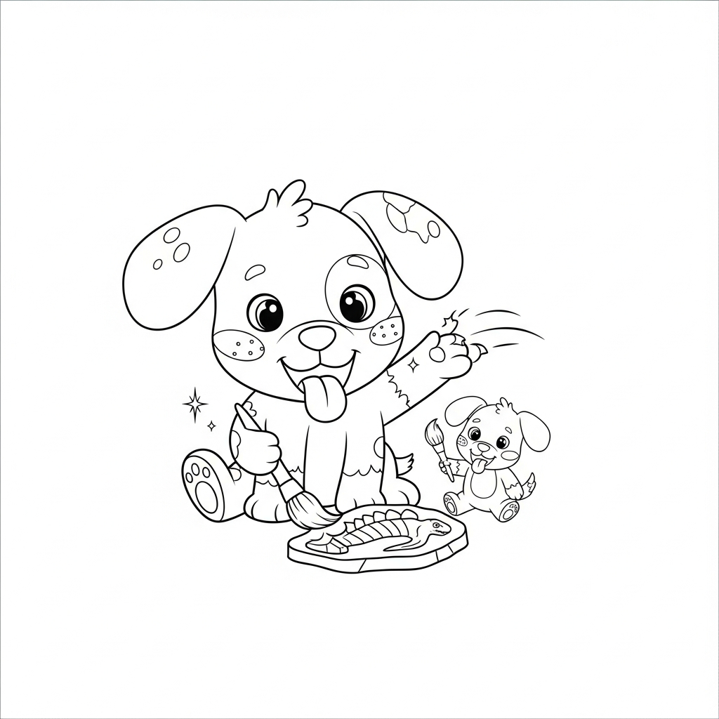 Desenho de cachorro para colorir descobrindo fóssil de dinossauro com pincel