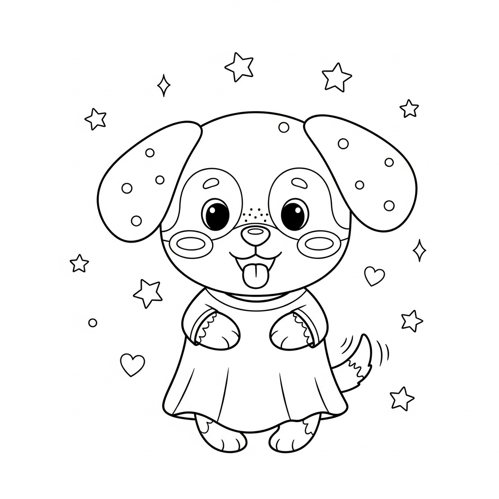 Desenho de cachorro para colorir vestido de fantasma com estrelinhas e corações.