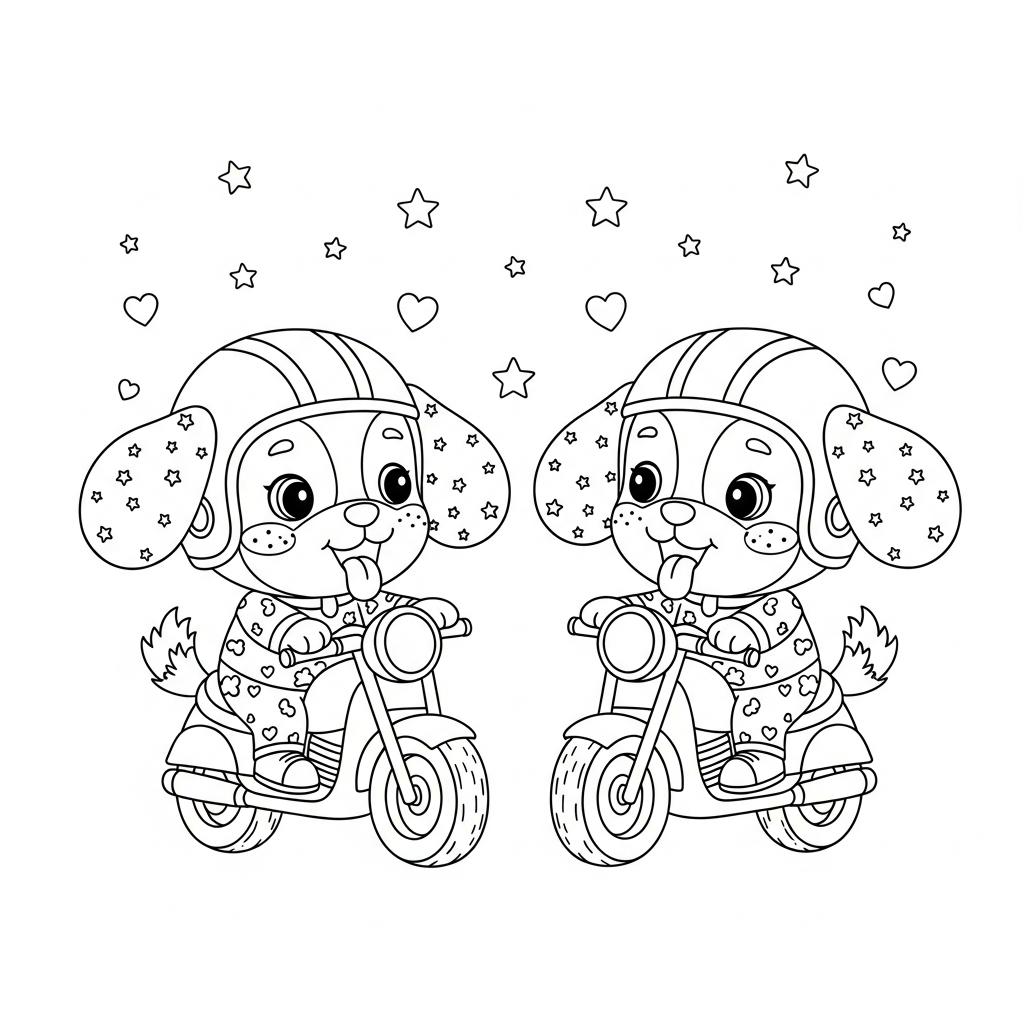 Desenho de cachorro para colorir pilotando moto com capacete, estrelinhas e corações decorativos.