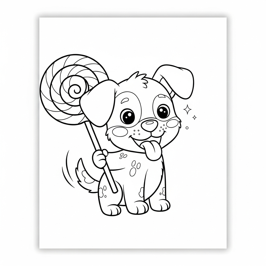 Desenho de cachorro para colorir segurando um pirulito gigante alegremente