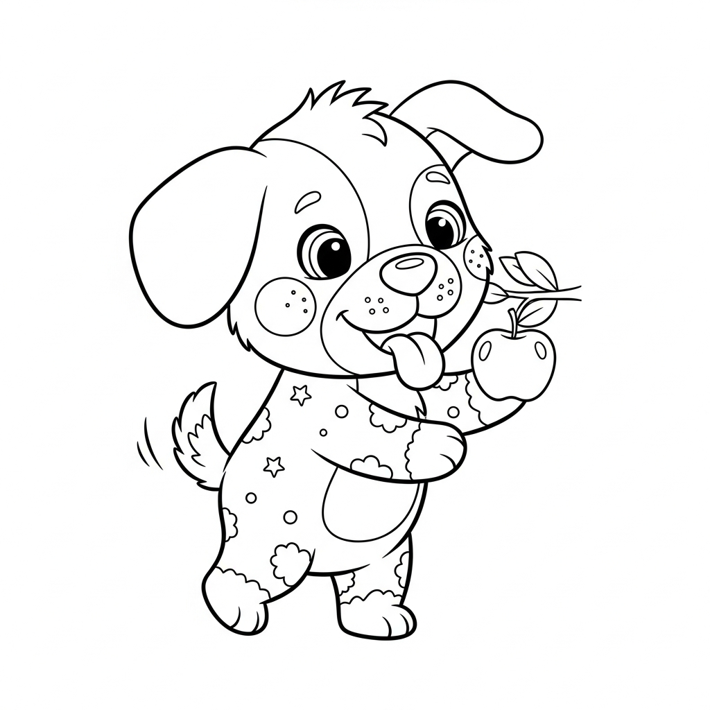 Desenho de cachorro para colorir colhendo maçã do galho com alegria