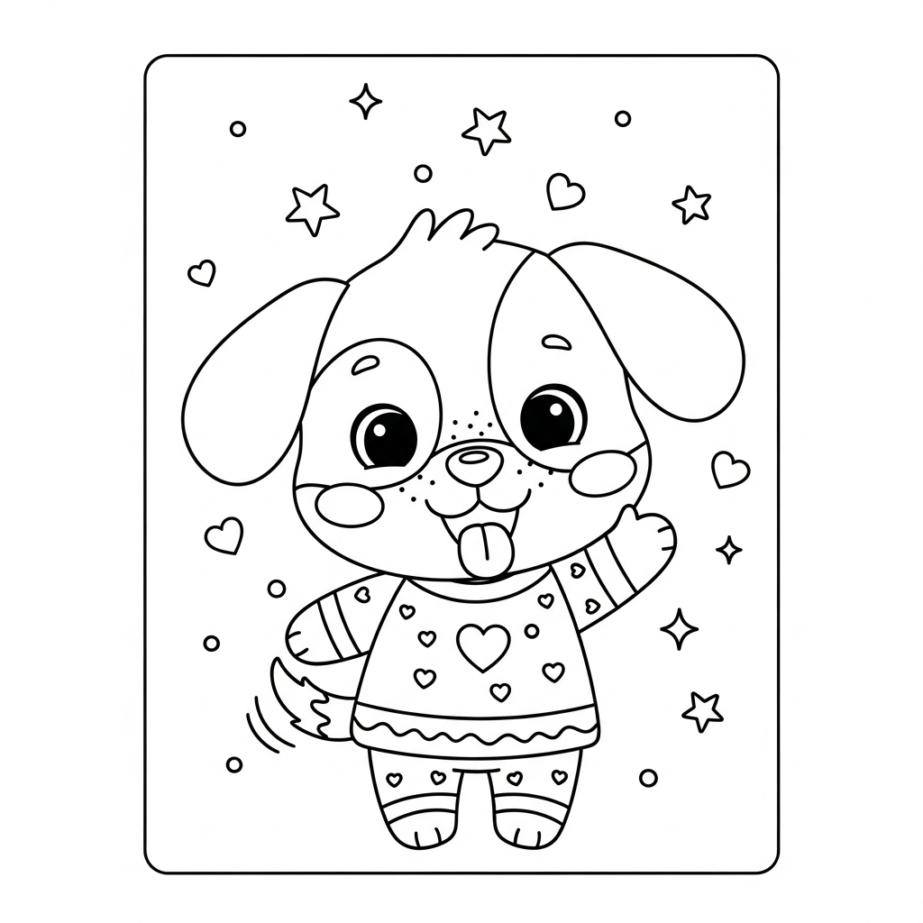 Desenho de cachorro para colorir brincando com outro cachorro pulando entre estrelinhas e corações