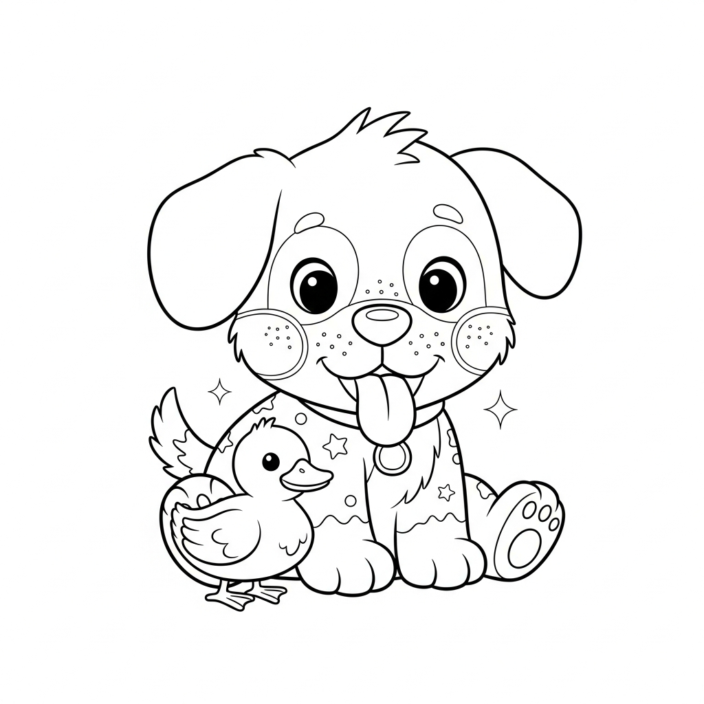 Desenho de cachorro para colorir cuidando carinhosamente de um filhote de pato