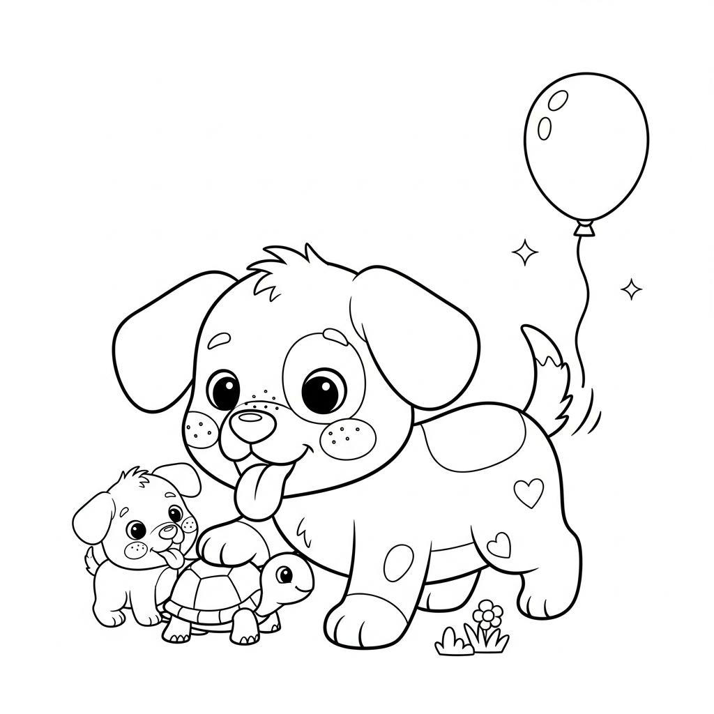 Desenho de cachorro para colorir brincando com tartaruga no chão e bolinha pequena