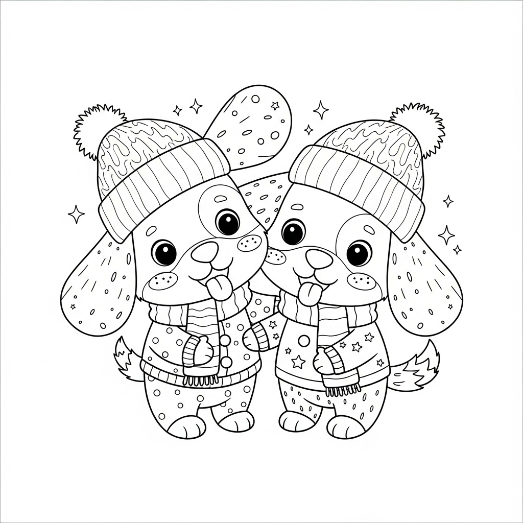 Desenho de cachorro para colorir agasalhado com cachecol e gorro.