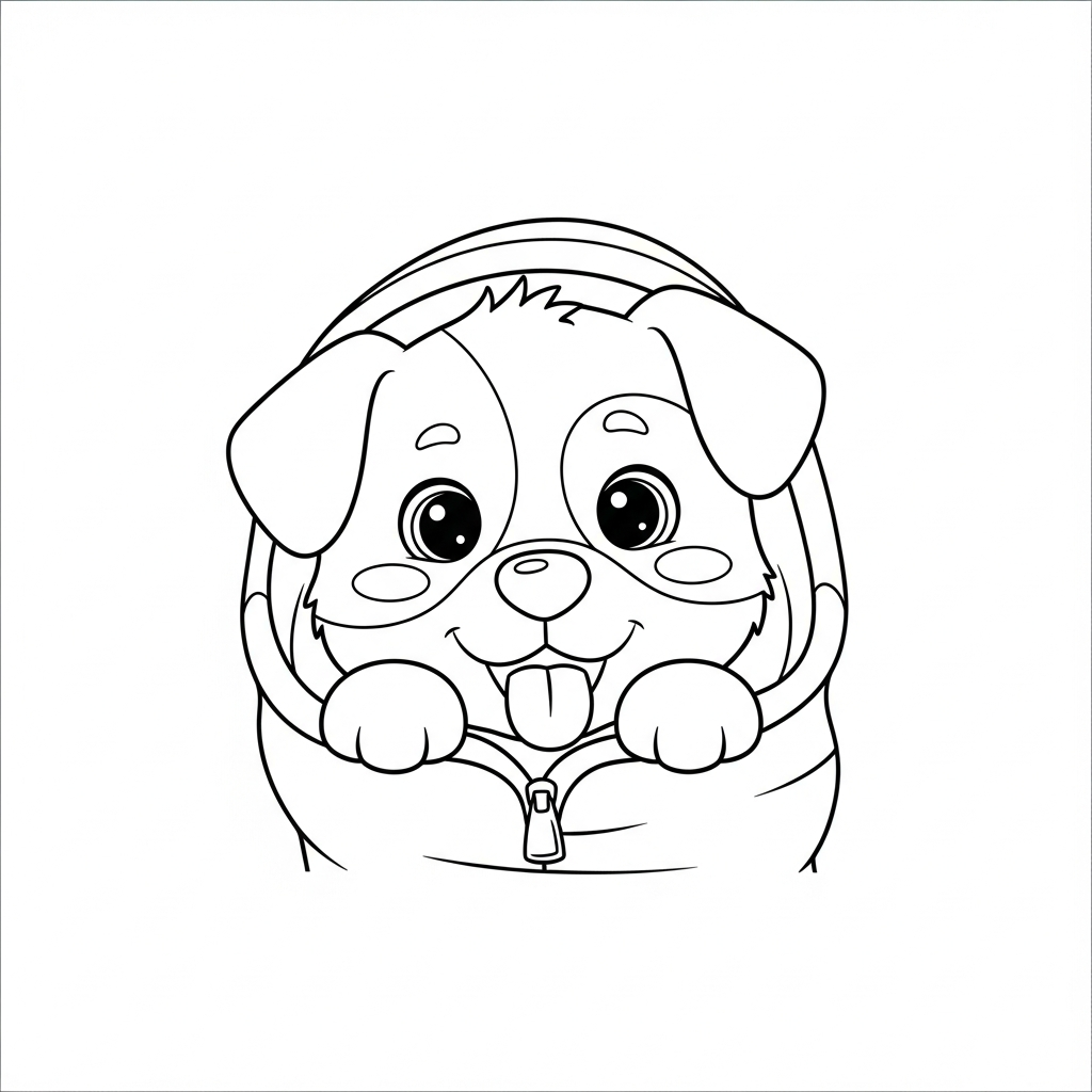 Desenho de cachorro para colorir deitado em saco de dormir acampando
