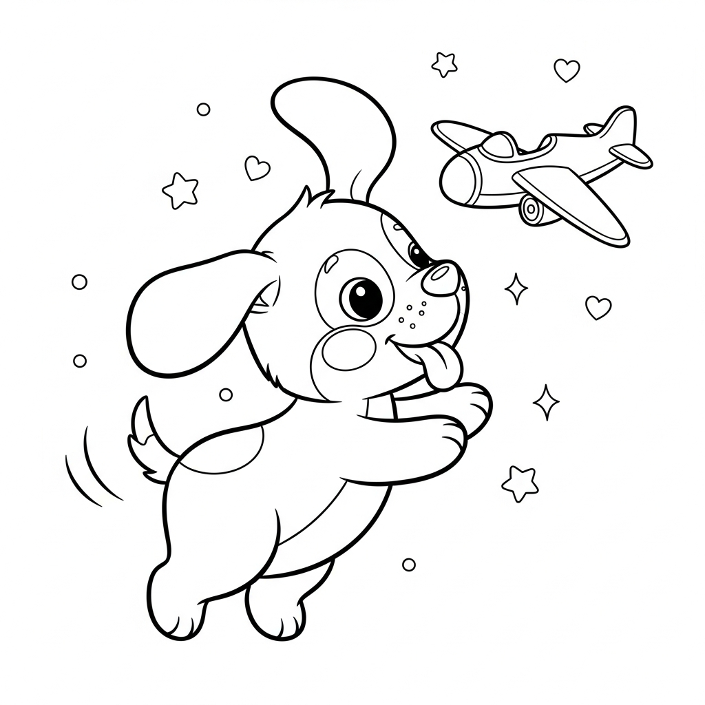 Desenho de cachorro para colorir brincando com aviãozinho de brinquedo, estrelinhas e corações.
