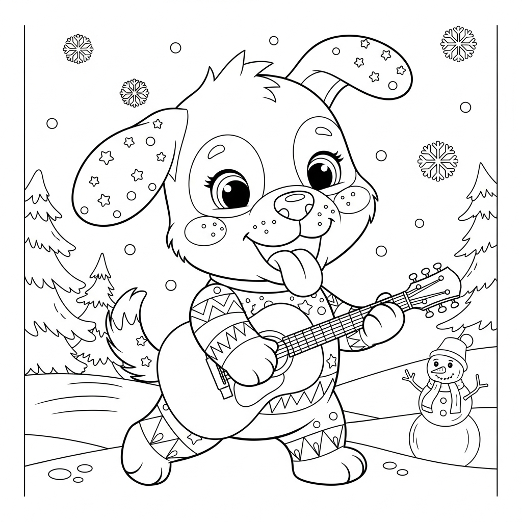 Desenho de cachorro para colorir tocando violão em paisagem nevada com pinheiros
