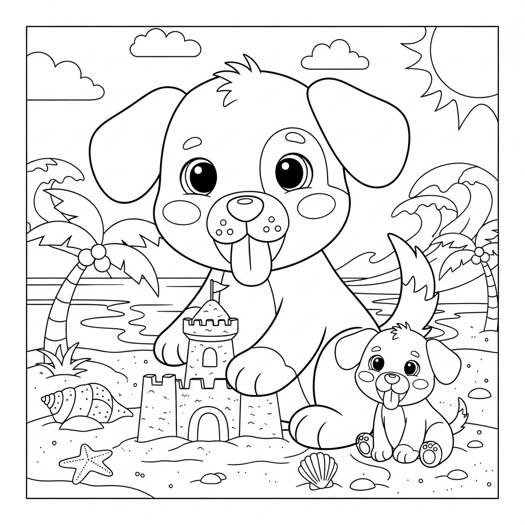Desenho de cachorro para colorir construindo castelo de areia na praia com palmeiras