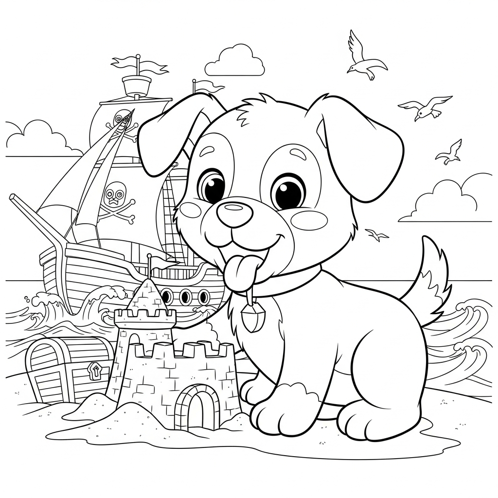 Desenho de cachorro para colorir construindo castelo de areia em navio pirata