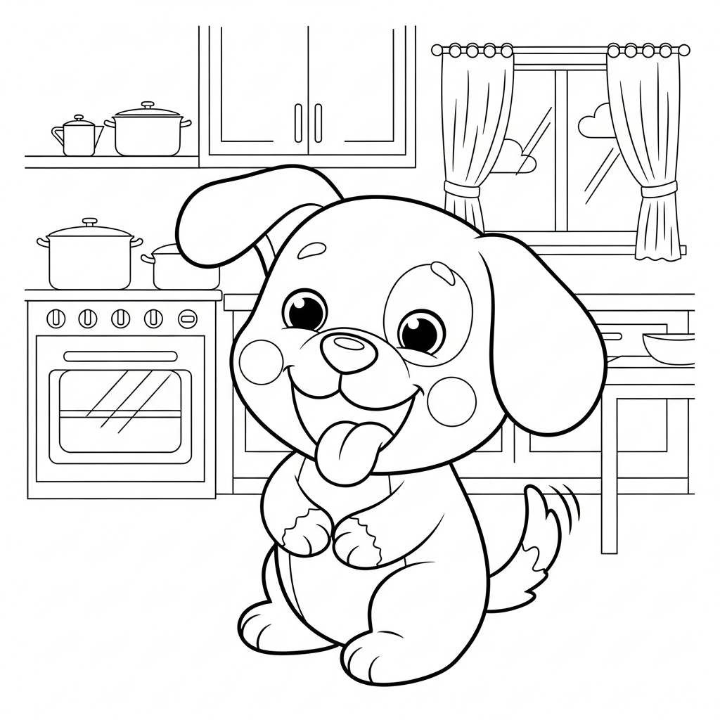 Desenho de cachorro para colorir rindo com mãos na barriga na cozinha.