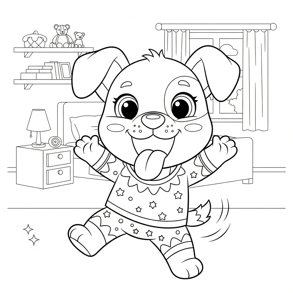 Desenho de cachorro para colorir gritando feliz com braços abertos no quarto