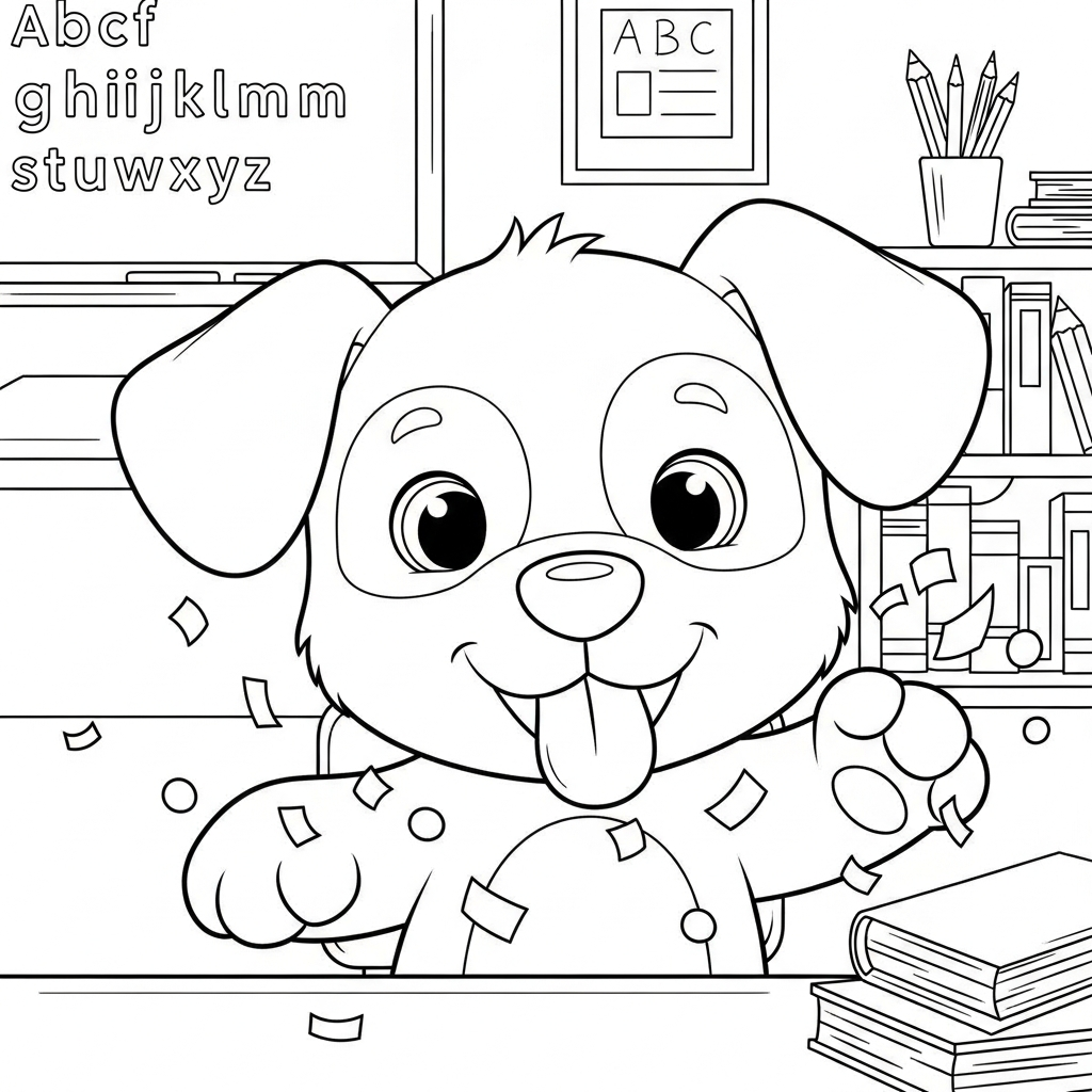 Desenho de cachorro para colorir alegre soltando confete em sala de aula com lousa.