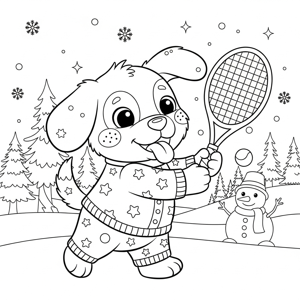 Desenho de cachorro para colorir sacando com raquete de tênis entre pinheiros nevados.