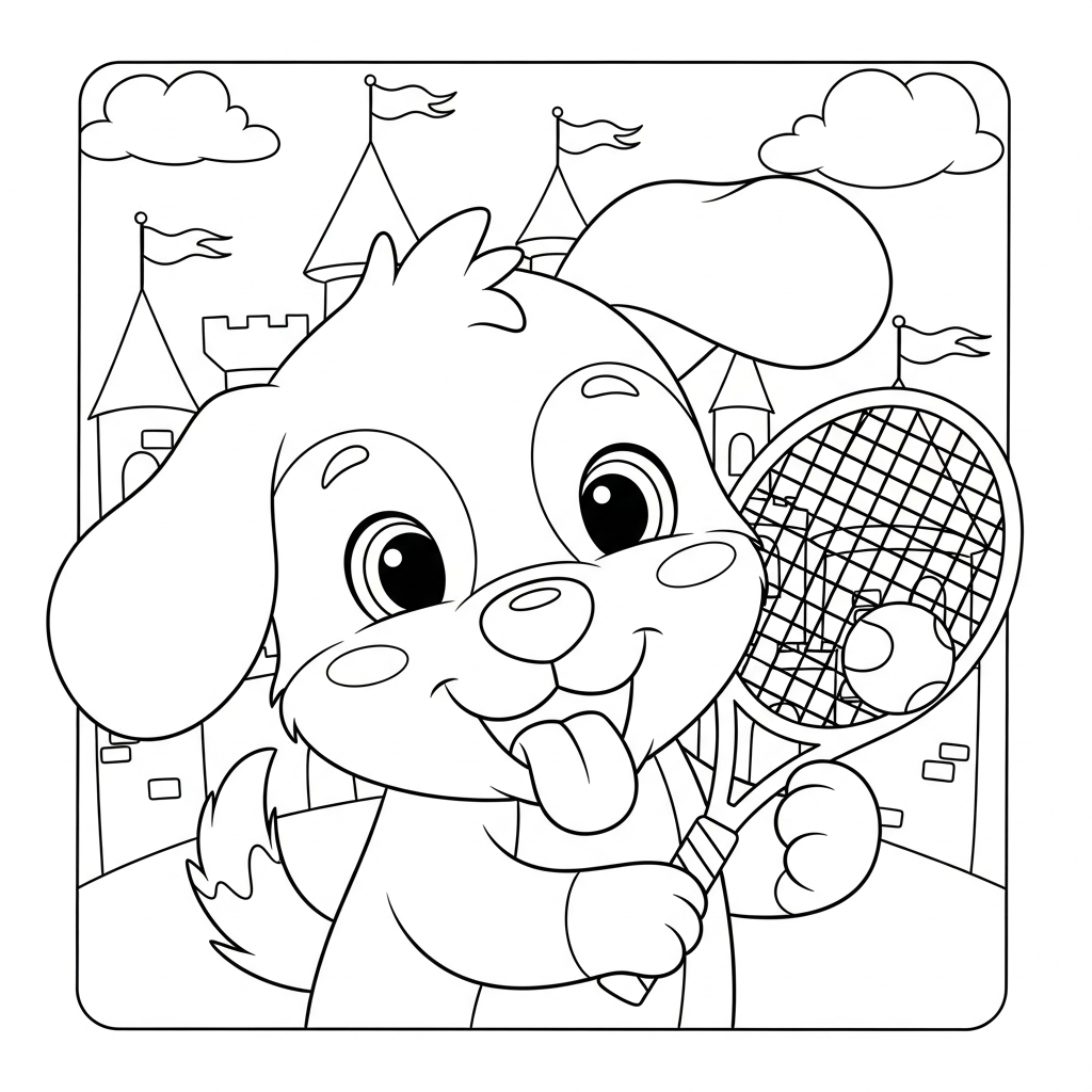 Desenho de cachorro para colorir sacando com raquete diante de castelo encantado.