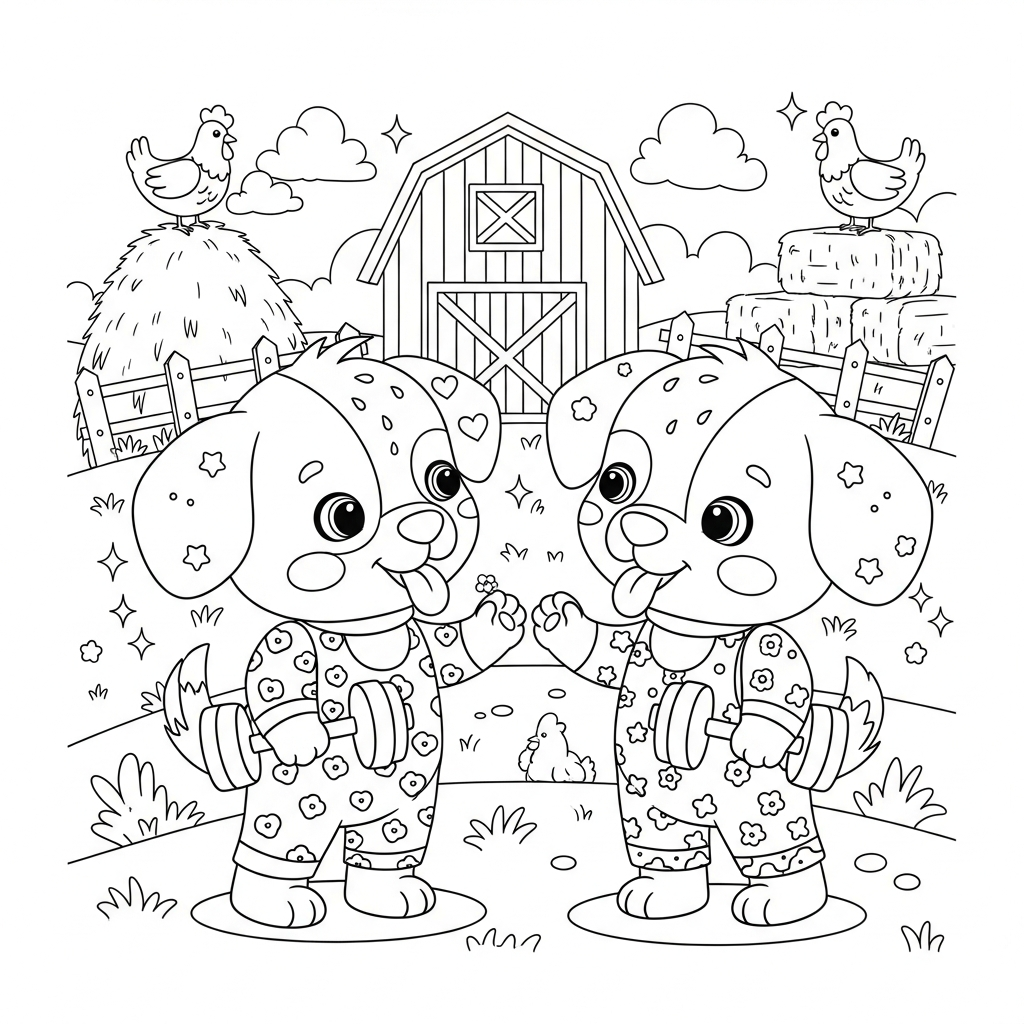 Desenho de cachorro para colorir levantando halteres pequenos na fazenda com celeiro