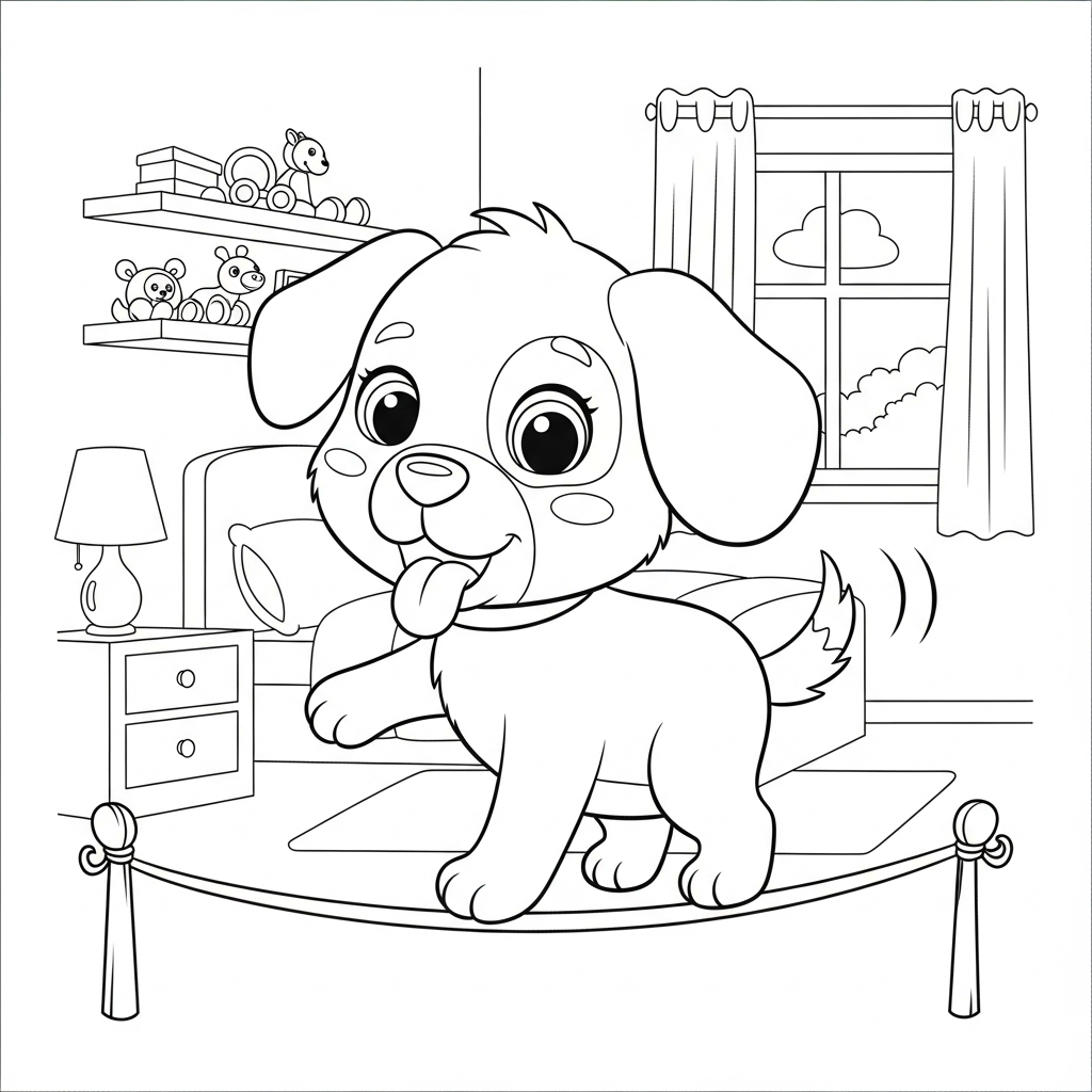 Desenho de cachorro para colorir equilibrando-se em corda bamba no quarto com cama e brinquedos.