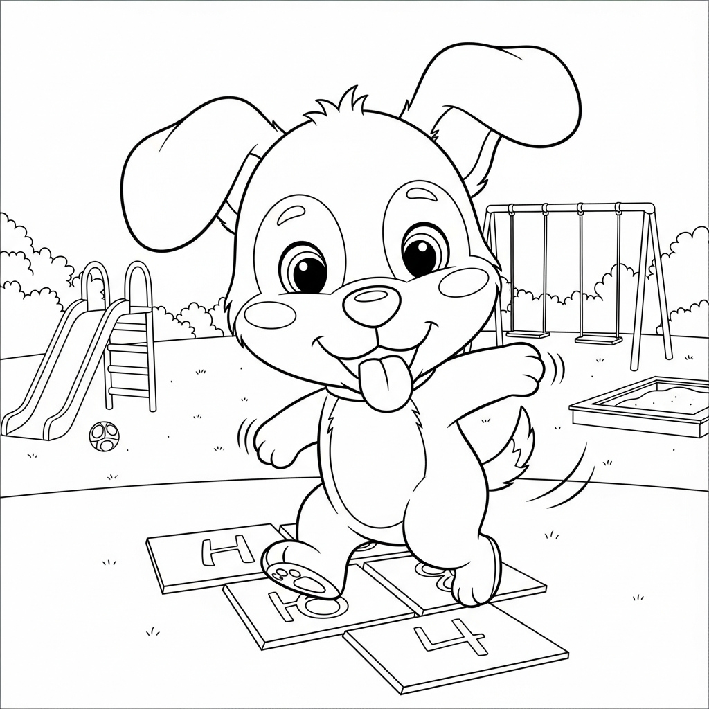 Desenho de cachorro para colorir jogando amarelinha no playground com escorregador